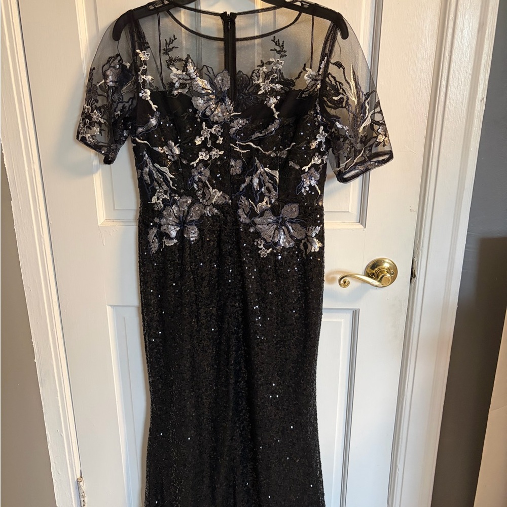 Adrianna Papell Black Sequin Maxi Dress with Silver Floral Embroidery